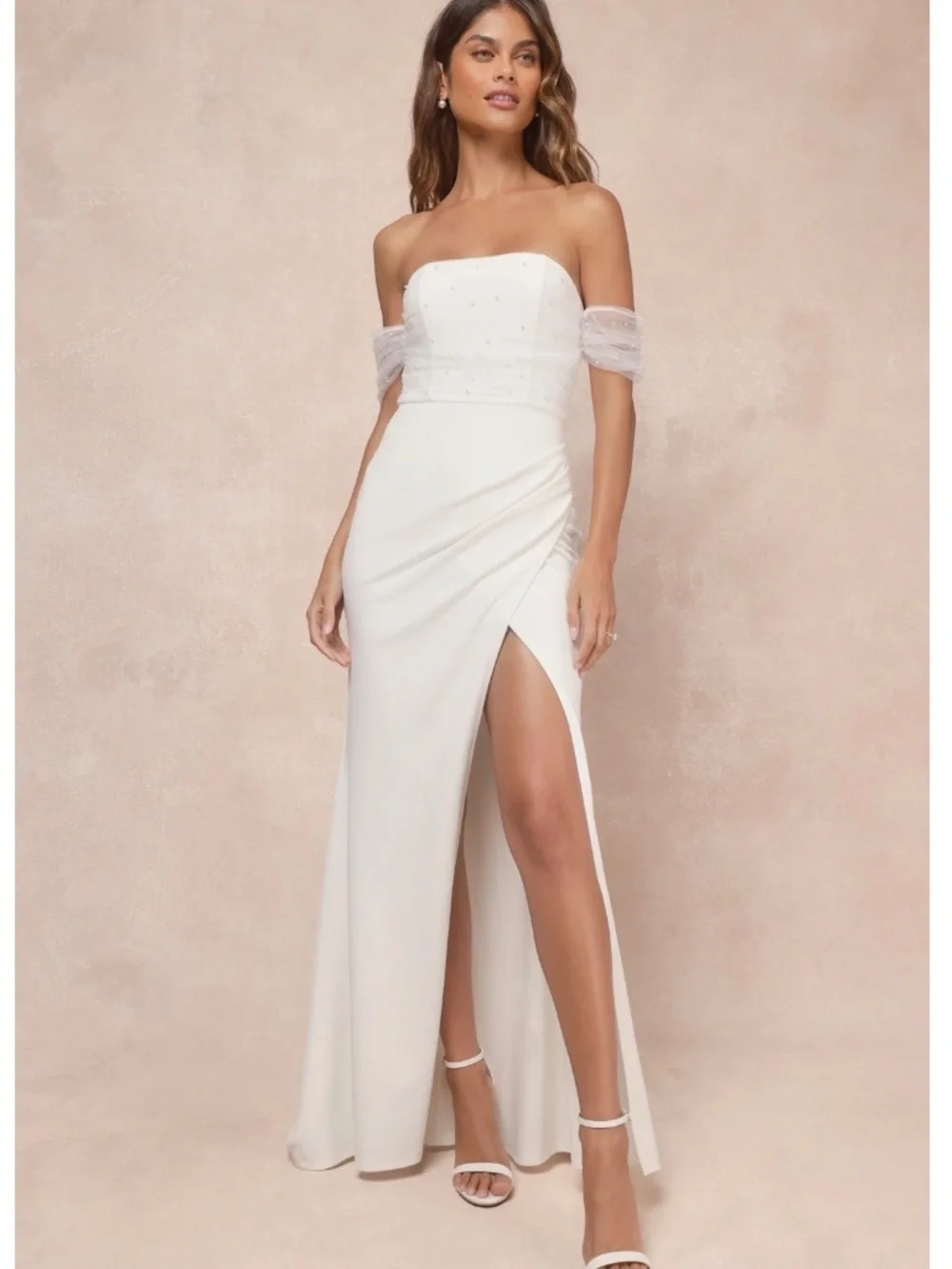 NWOT Lulus Profound Glamour Ivory Pearl Off-the-Shoulder Tulip Wedding Dress S